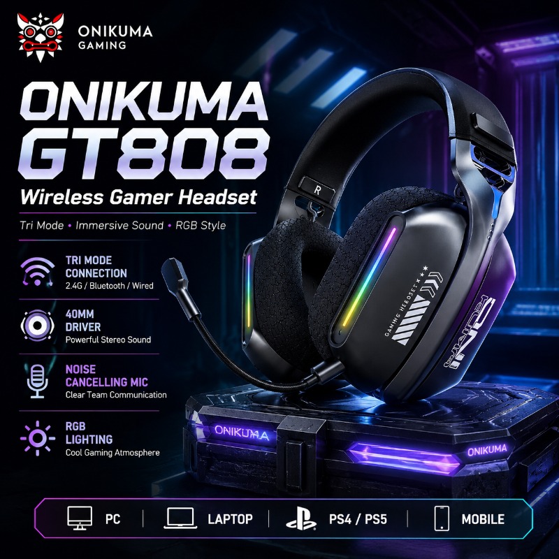 Gaming Headset Rgb - ONIKUMA GT808 Kablosuz Oyun Kulaklığı Üç